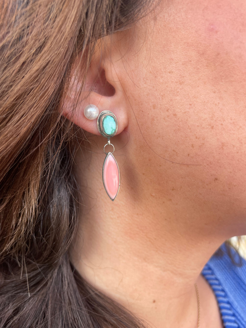 Pink Conch and Turquoise dangle earrings